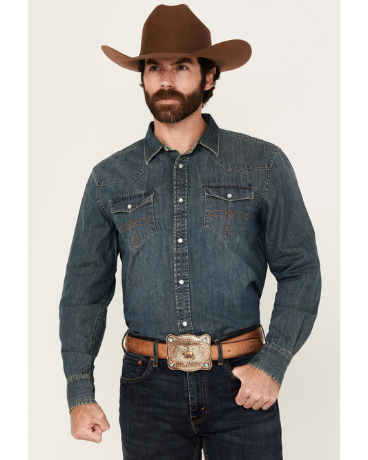Men's Medium Wash Denim Long Sleeve Pearl Snap Western Shir