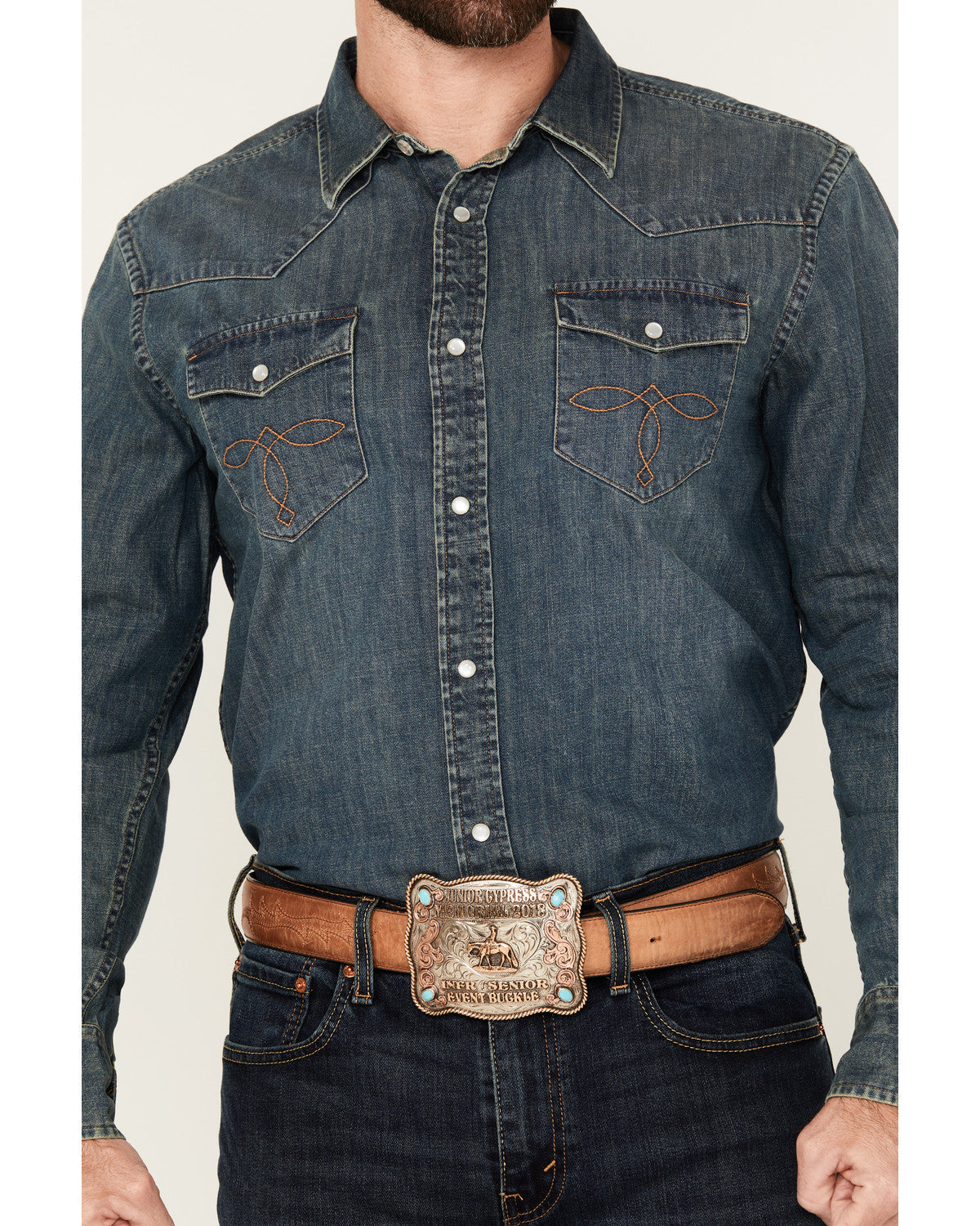 Men's Medium Wash Denim Long Sleeve Pearl Snap Western Shir