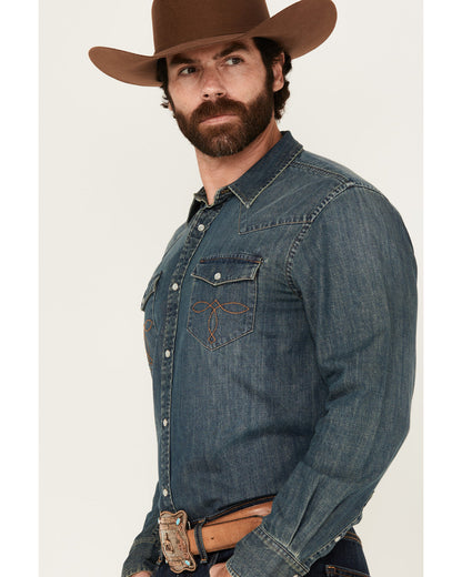 Men's Medium Wash Denim Long Sleeve Pearl Snap Western Shir