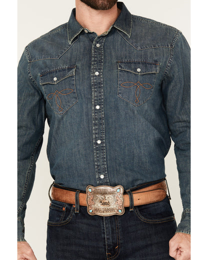 Men's Medium Wash Denim Long Sleeve Pearl Snap Western Shir