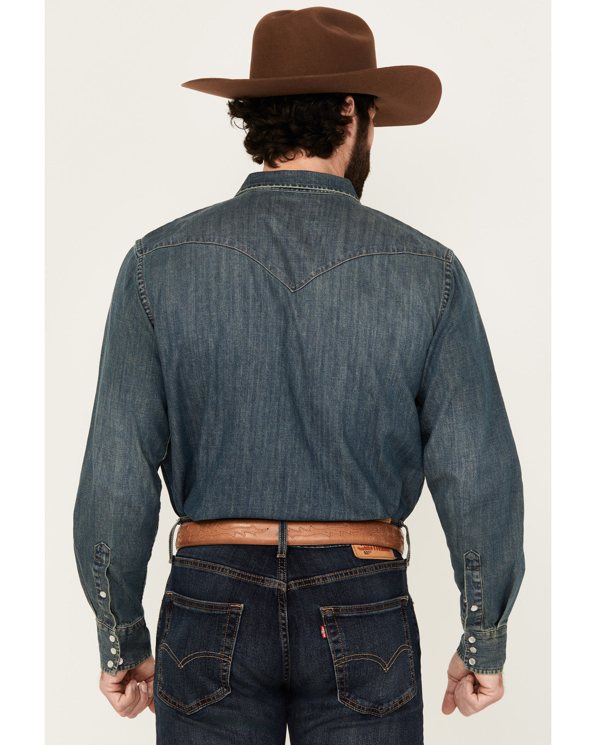 Men's Medium Wash Denim Long Sleeve Pearl Snap Western Shir