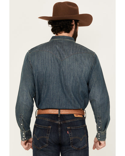 Men's Medium Wash Denim Long Sleeve Pearl Snap Western Shir