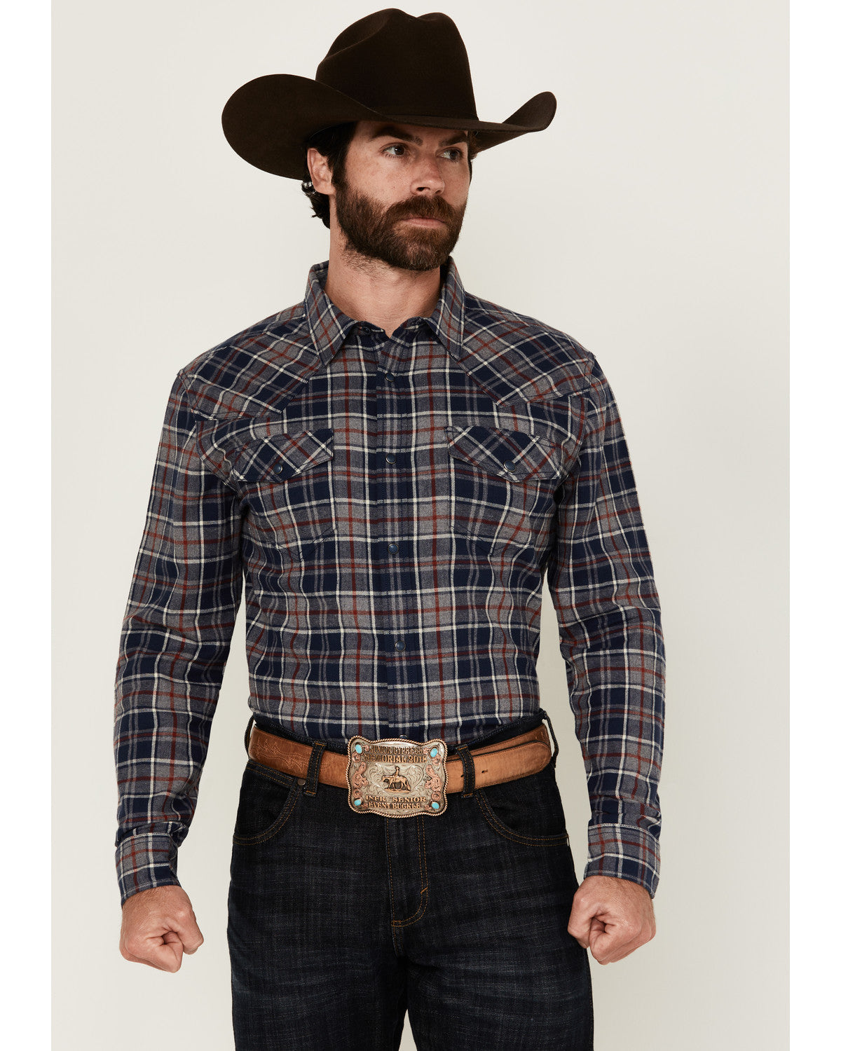 Men's Poker Plaid Print Long Sleeve Snap Western Shirt