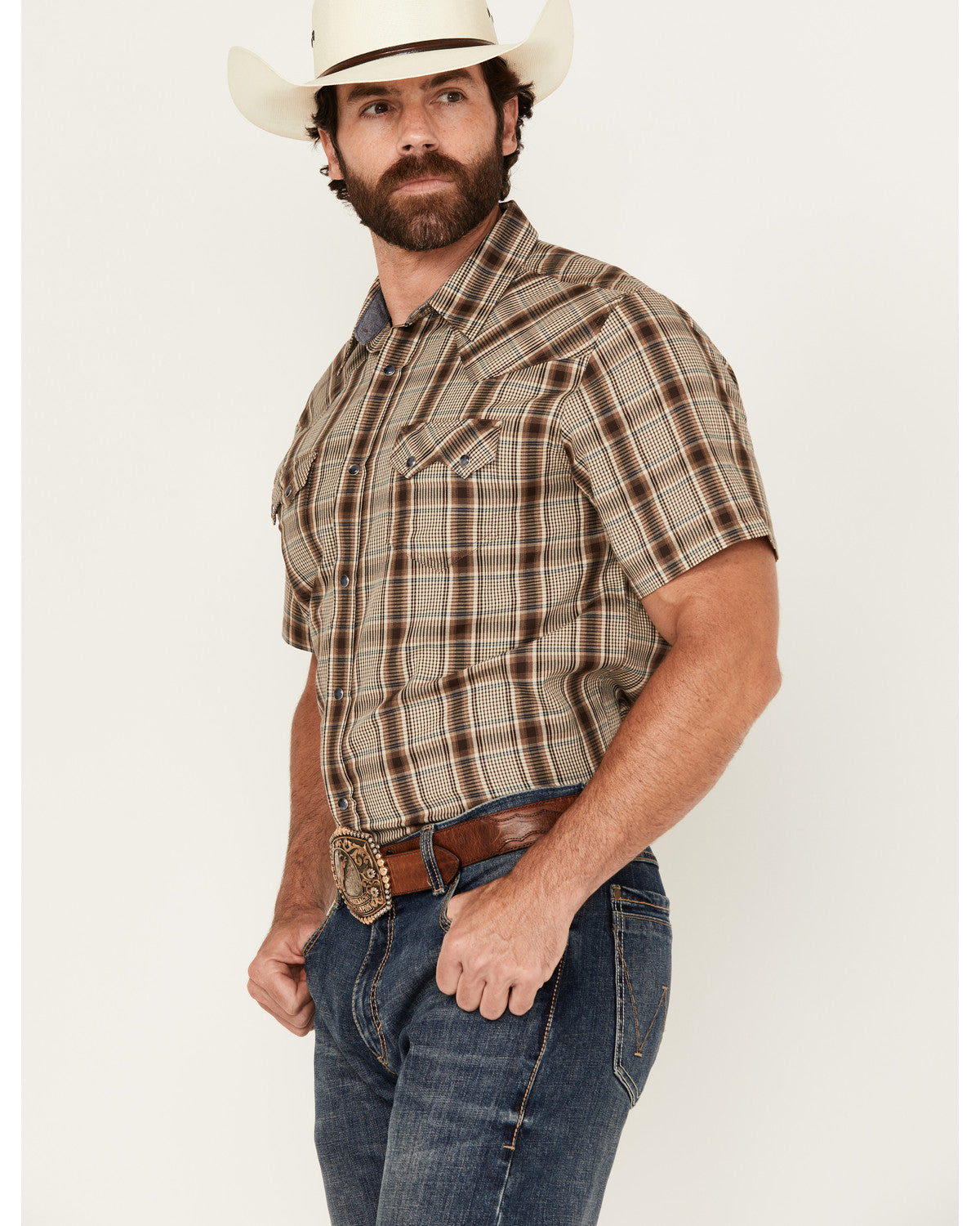 Men's Poncho Plaid Print Short Sleeve Snap Western Shirt