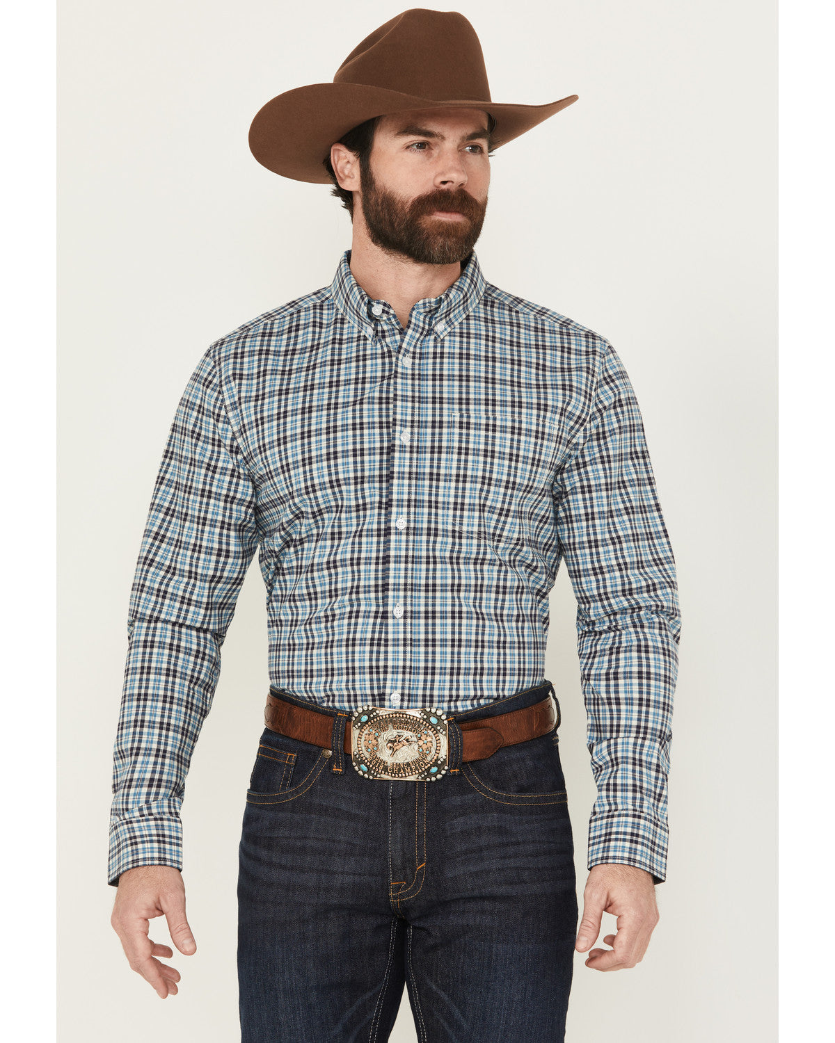 Men's Bob Plaid Print Long Sleeve Button-Down Western Shirt