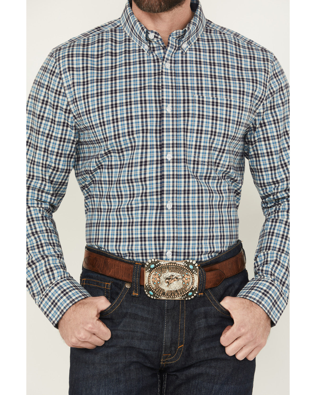 Men's Bob Plaid Print Long Sleeve Button-Down Western Shirt