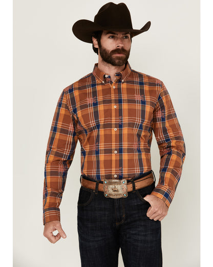 Men's Dobby Plaid Print Long Sleeve Button-Down Stretch Wes