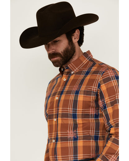 Men's Dobby Plaid Print Long Sleeve Button-Down Stretch Wes