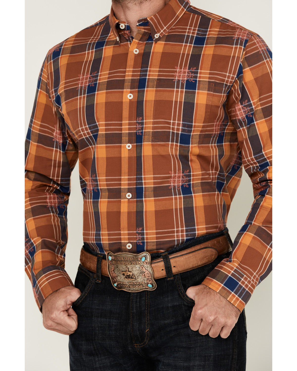 Men's Dobby Plaid Print Long Sleeve Button-Down Stretch Wes
