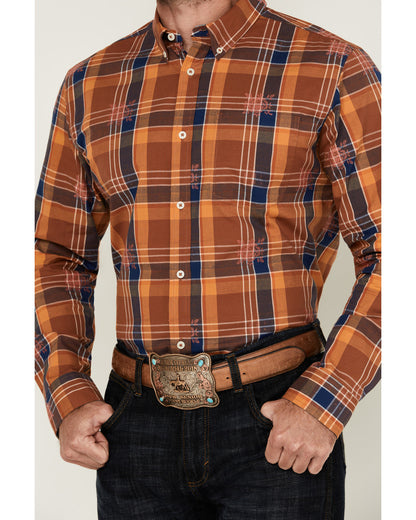 Men's Dobby Plaid Print Long Sleeve Button-Down Stretch Wes