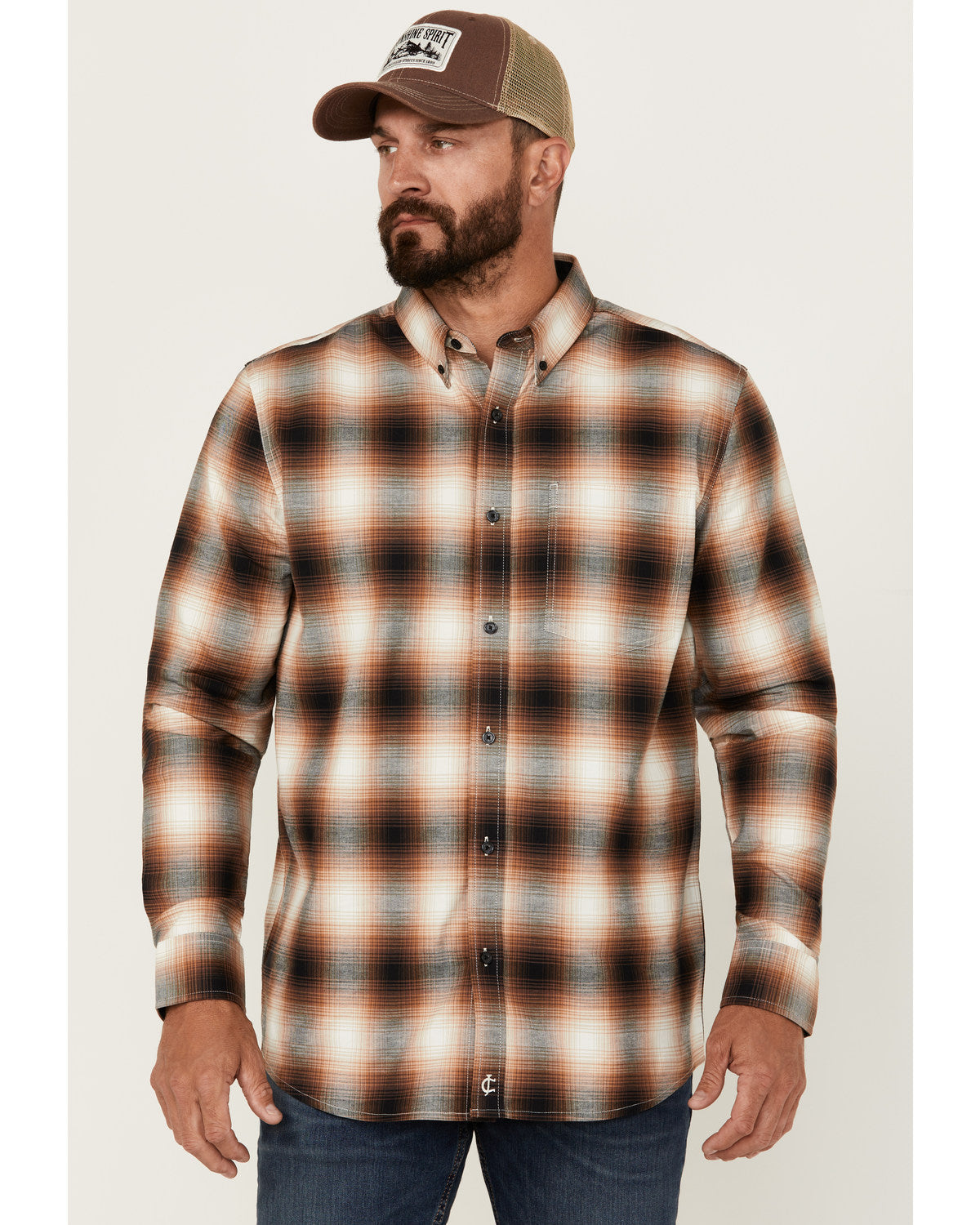 Men's Hombre Plaid Print Long Sleeve Button-Down Stretch We