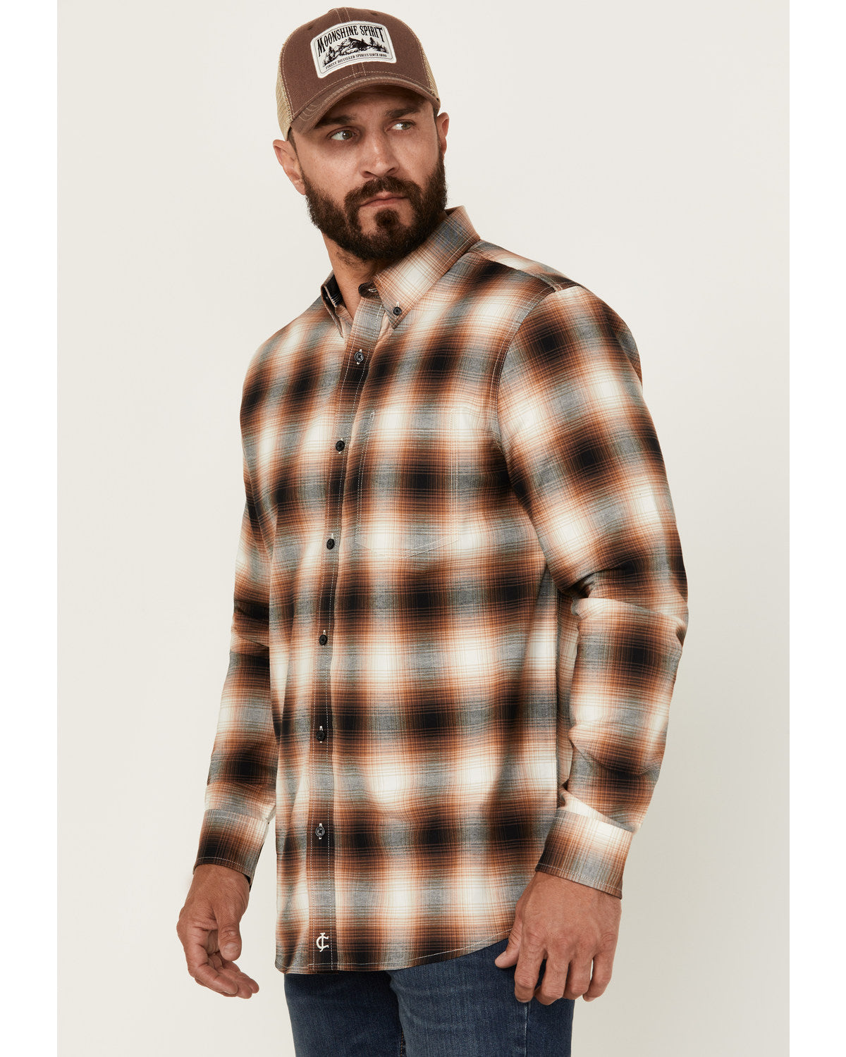 Men's Hombre Plaid Print Long Sleeve Button-Down Stretch We