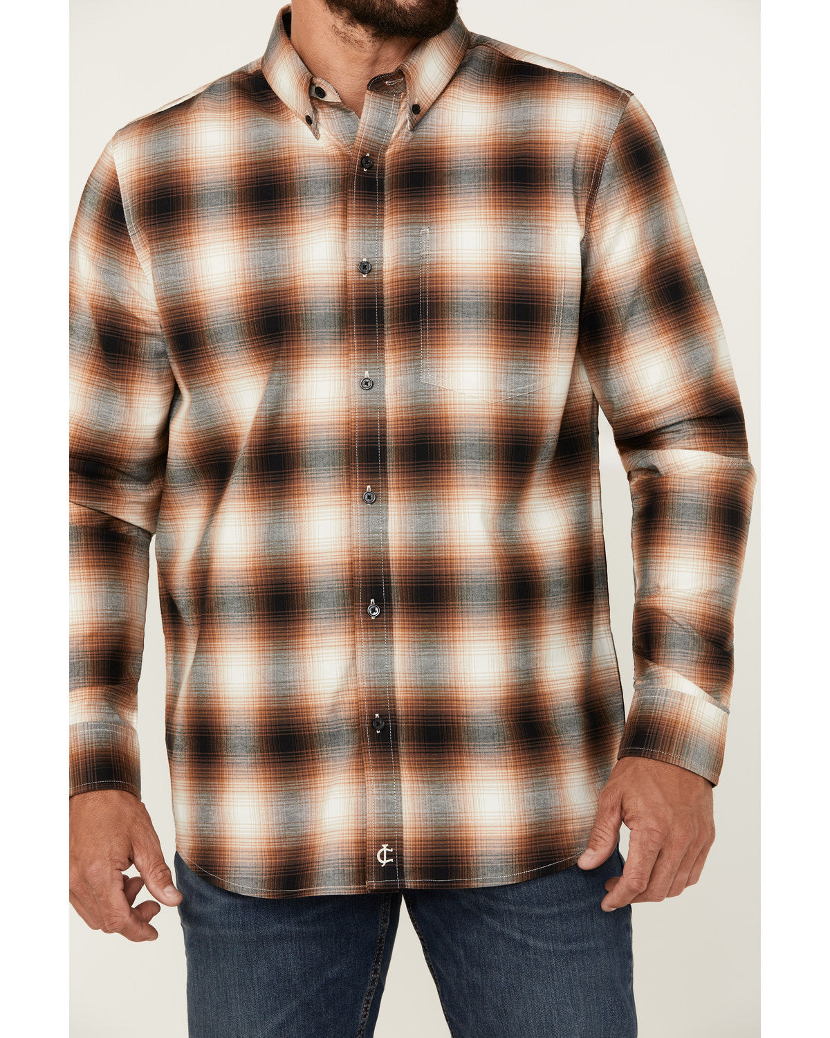 Men's Hombre Plaid Print Long Sleeve Button-Down Stretch We