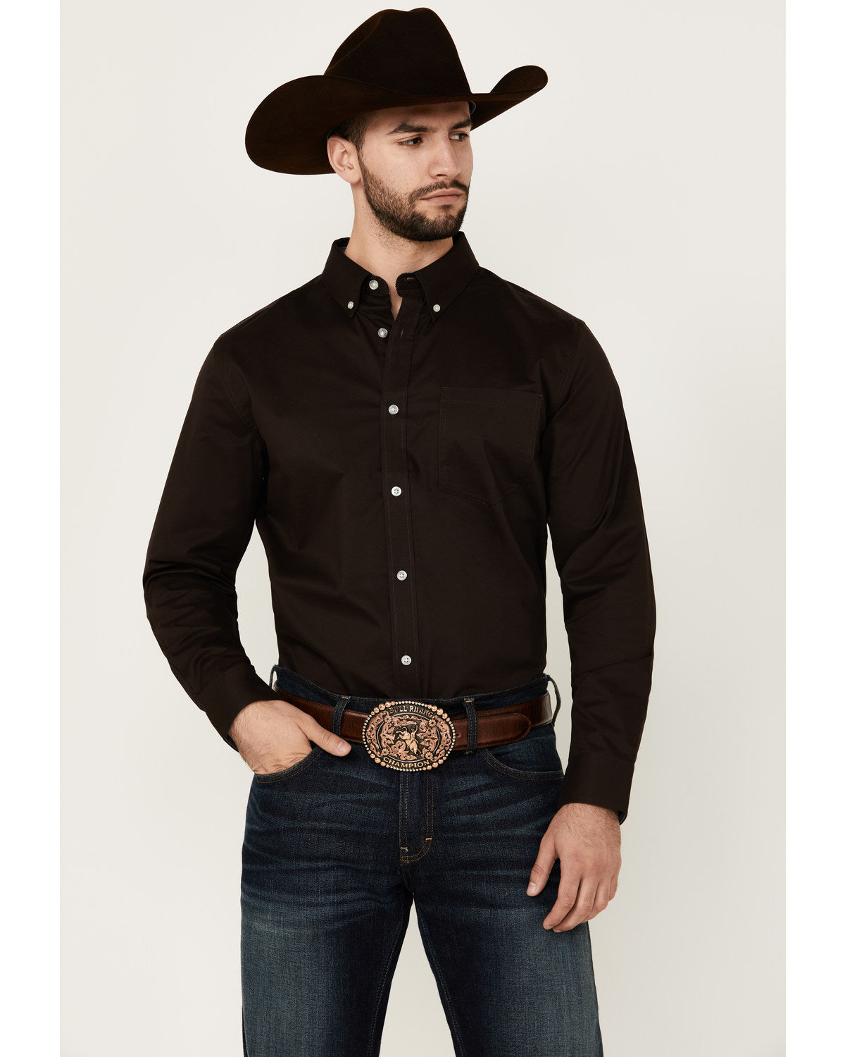 Men's Basic Solid Long Sleeve Button-Down Stretch Western S