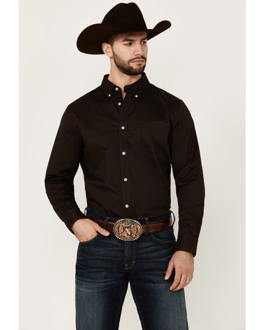 Men's Basic Solid Long Sleeve Button-Down Stretch Western S