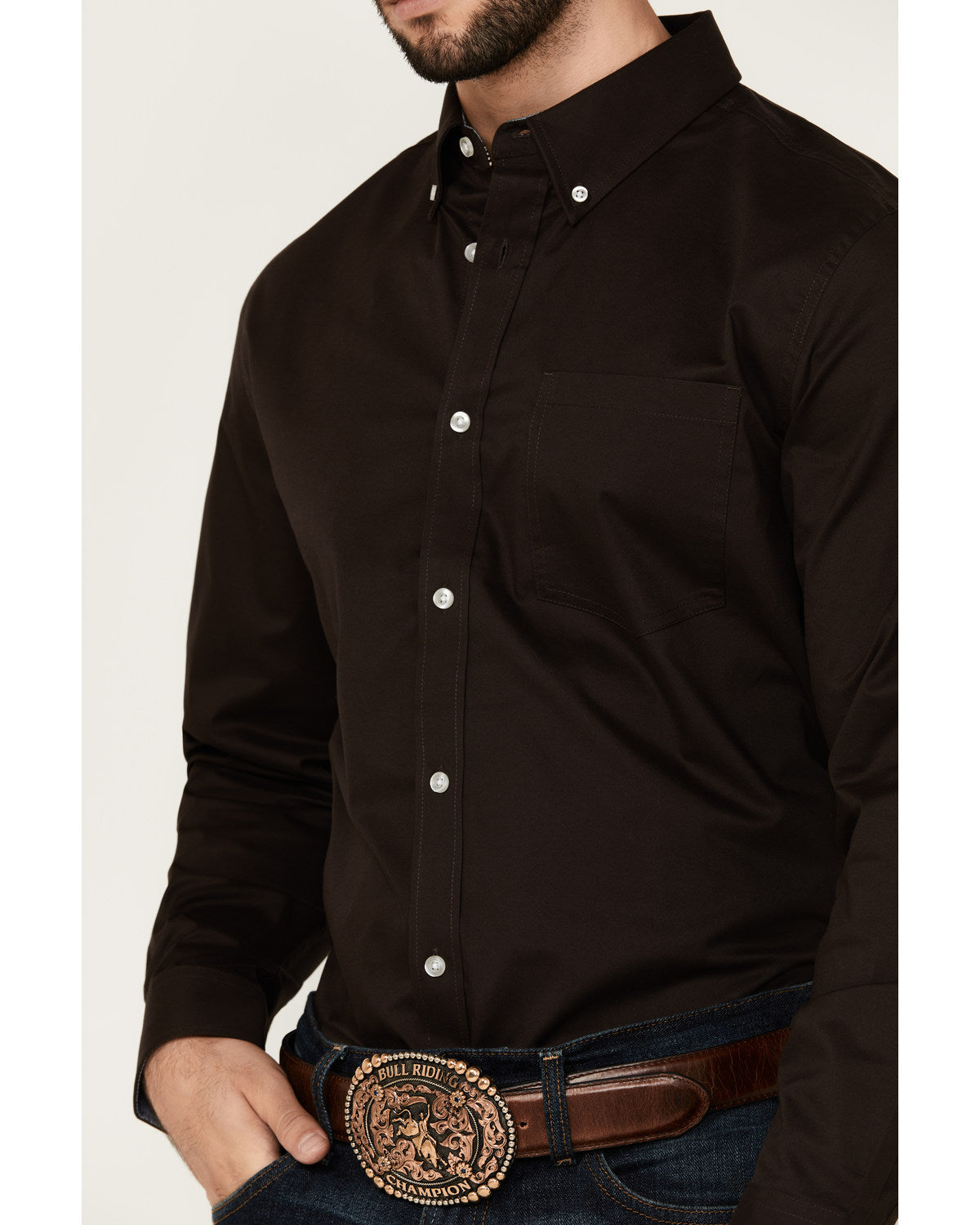 Men's Basic Solid Long Sleeve Button-Down Stretch Western S