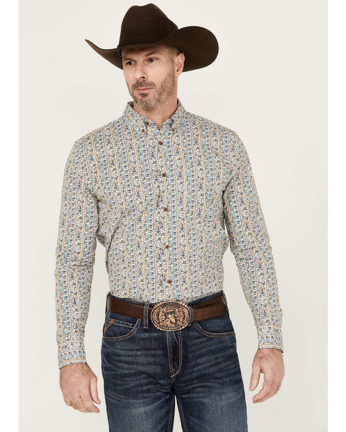 Men's Wells Floral Striped Print Long Sleeve Button-Down St