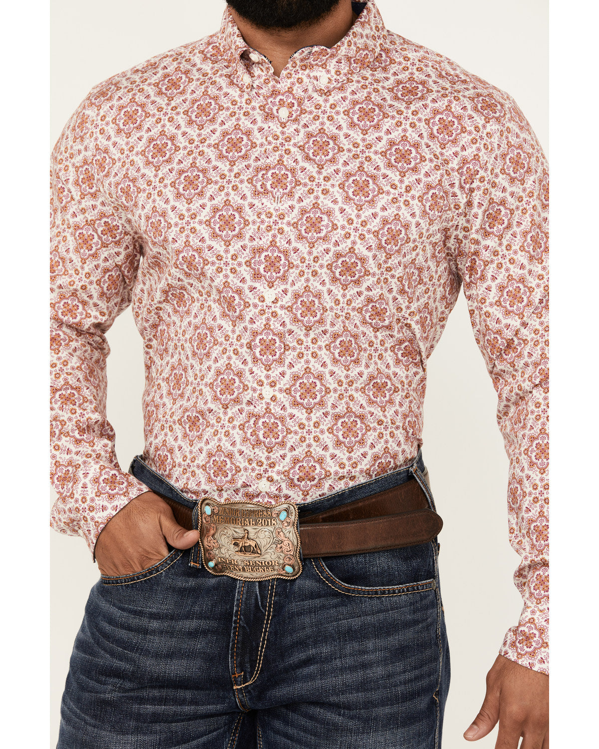 Men's Lucky One Medallion Print Long Sleeve Button-Down Str