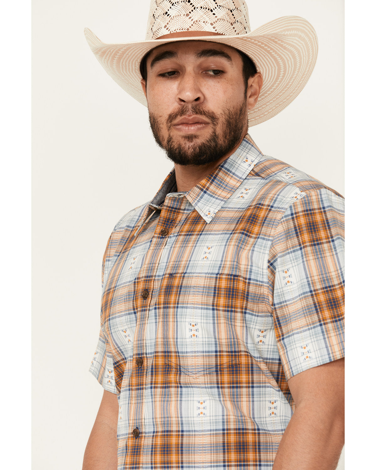 Men's Spur Dobby Plaid Print Short Sleeve Button-Down Stret