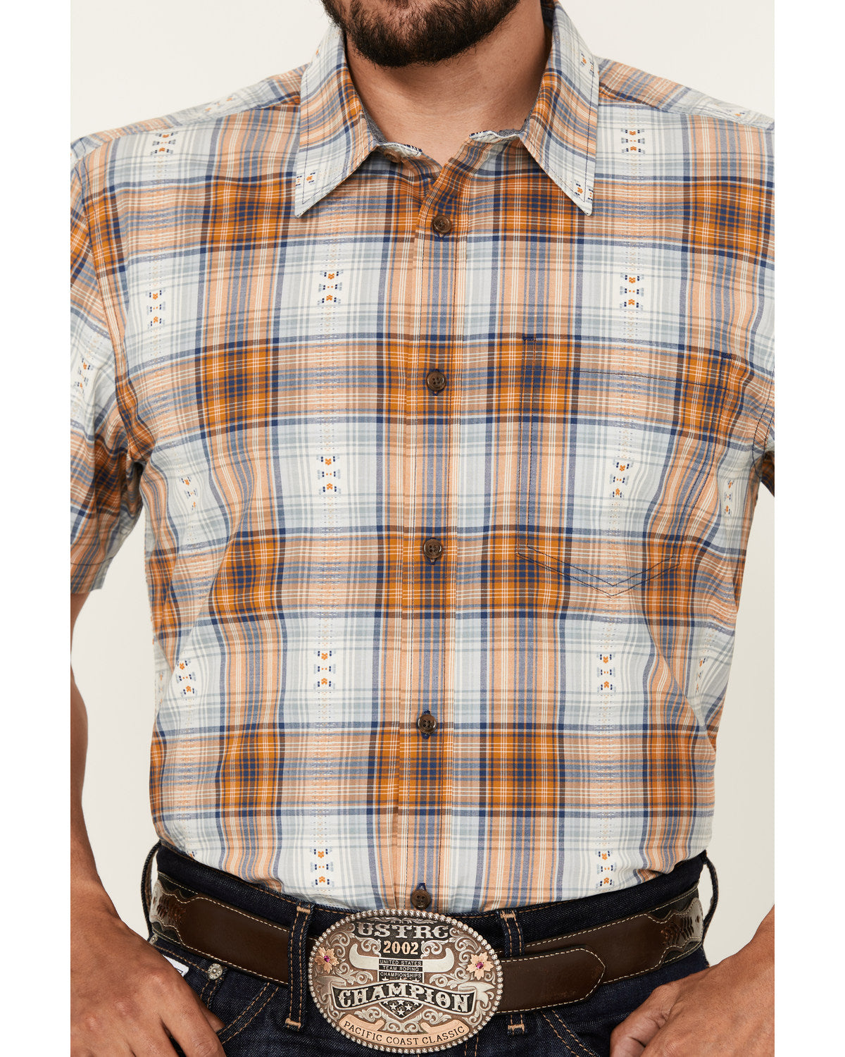 Men's Spur Dobby Plaid Print Short Sleeve Button-Down Stret