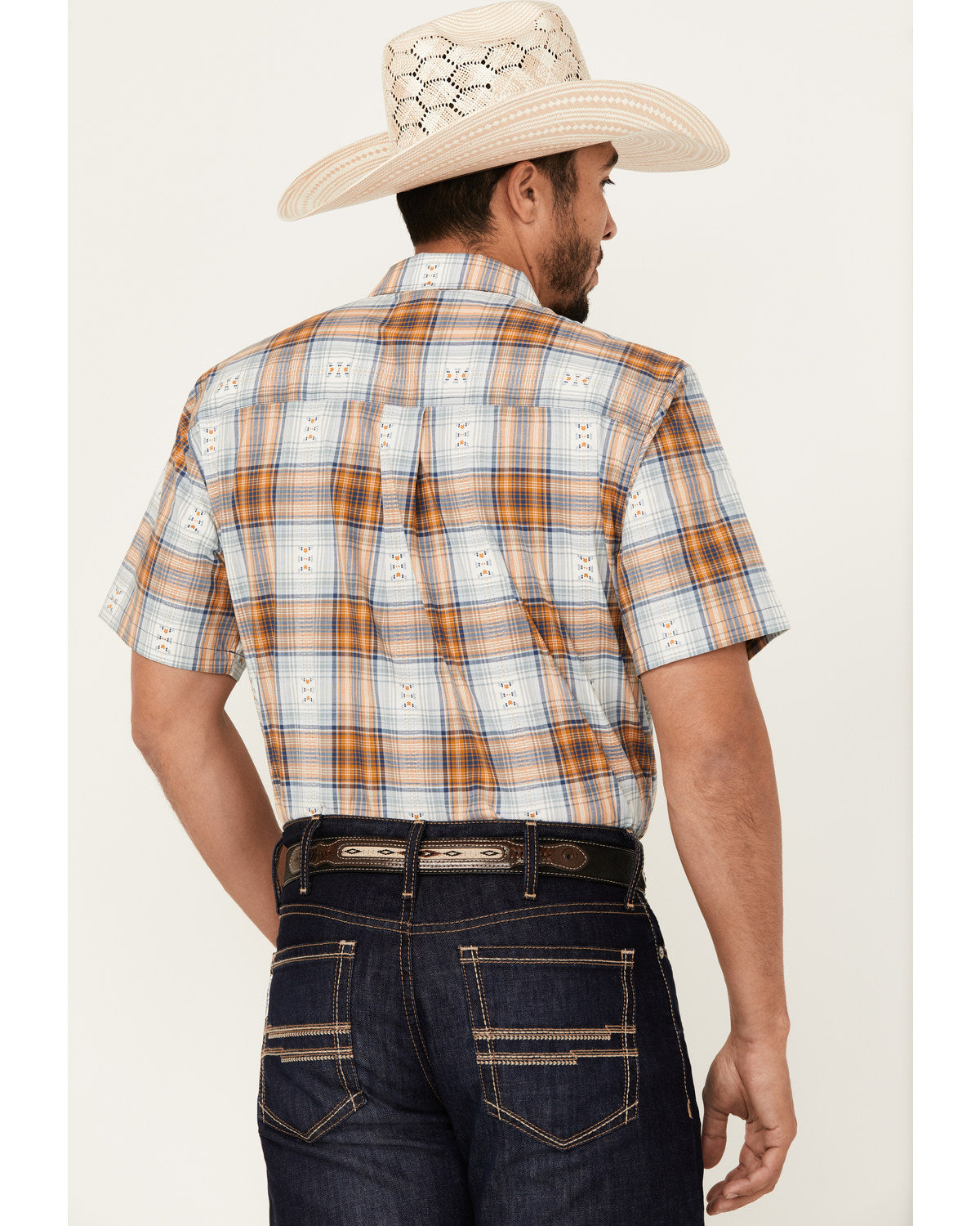 Men's Spur Dobby Plaid Print Short Sleeve Button-Down Stret