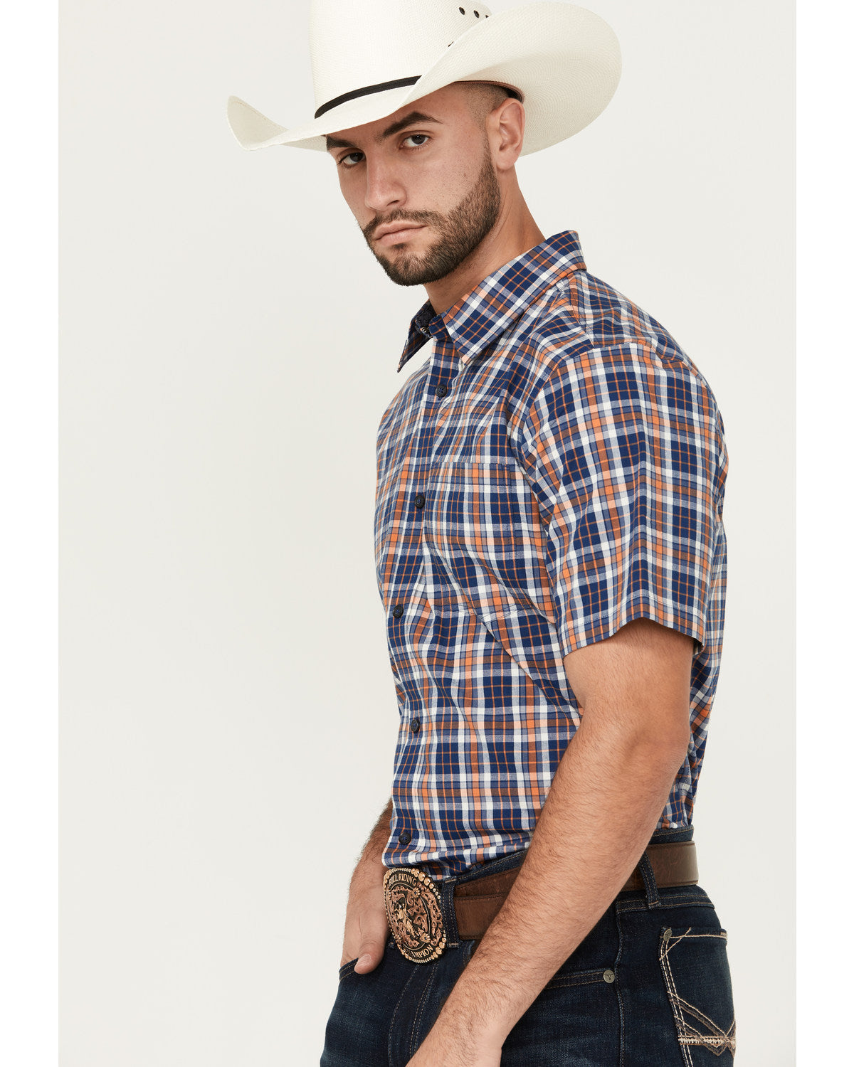 Men's Tequila Sunrise Plaid Print Short Sleeve Button-Down