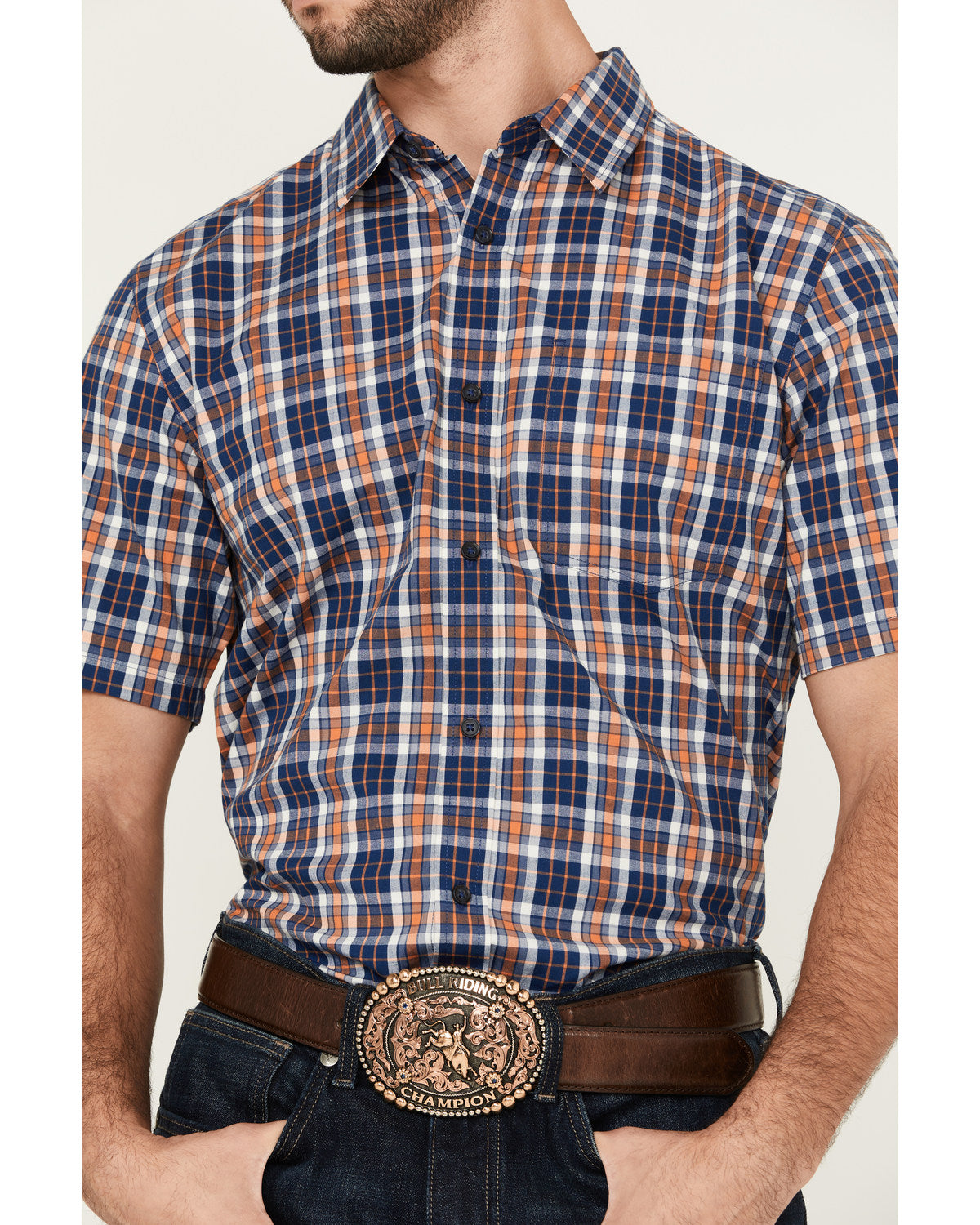 Men's Tequila Sunrise Plaid Print Short Sleeve Button-Down