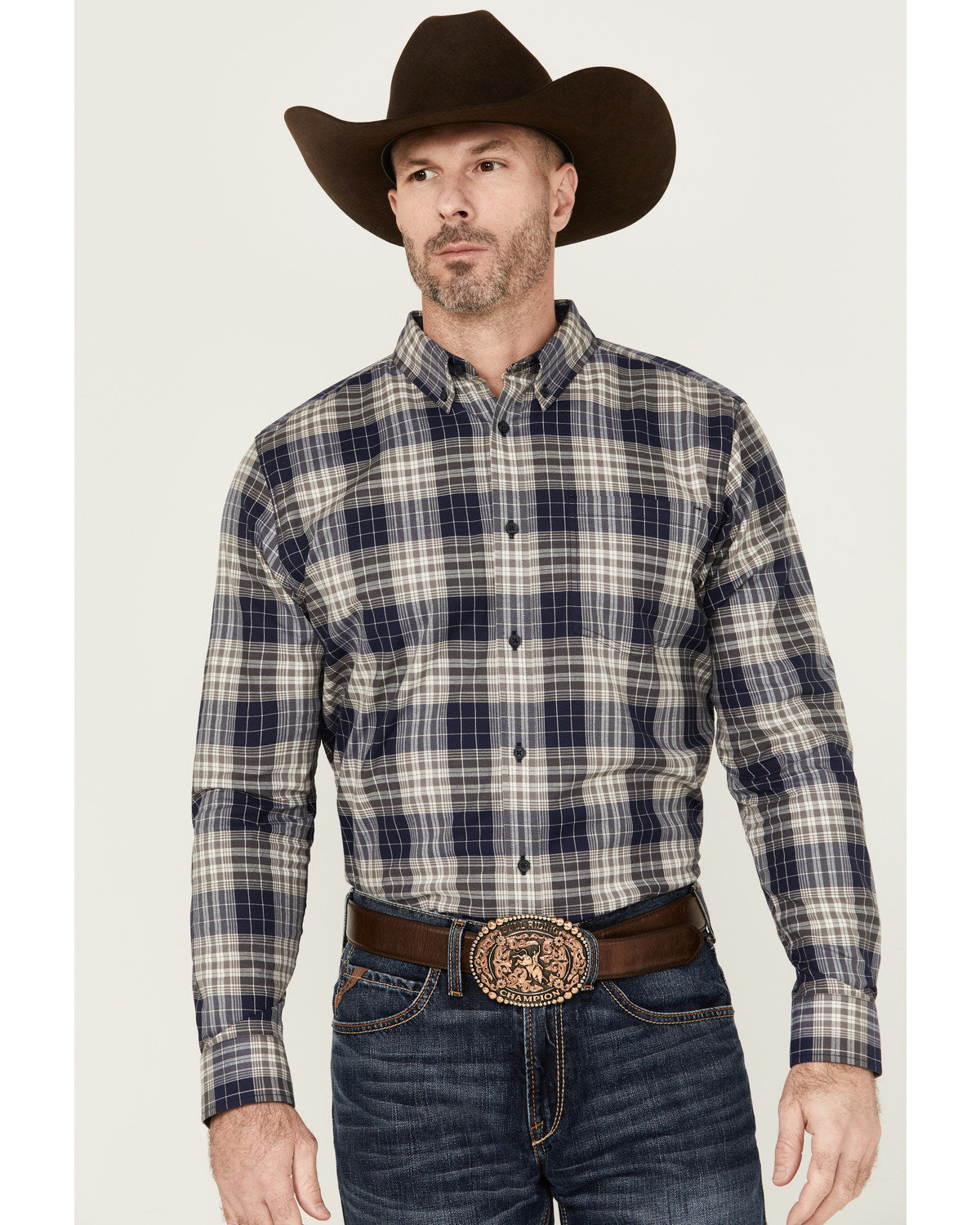 Men's Howdy Plaid Print Long Sleeve Button-Down Stretch Wes