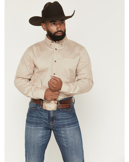 Men's Basic Solid Long Sleeve Button-Down Stretch Western S