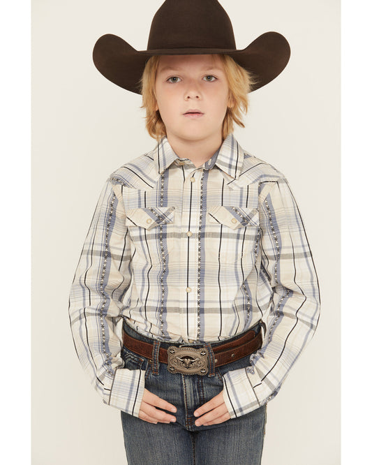Boys' Wind Plaid Print Long Sleeve Snap Western Shirt