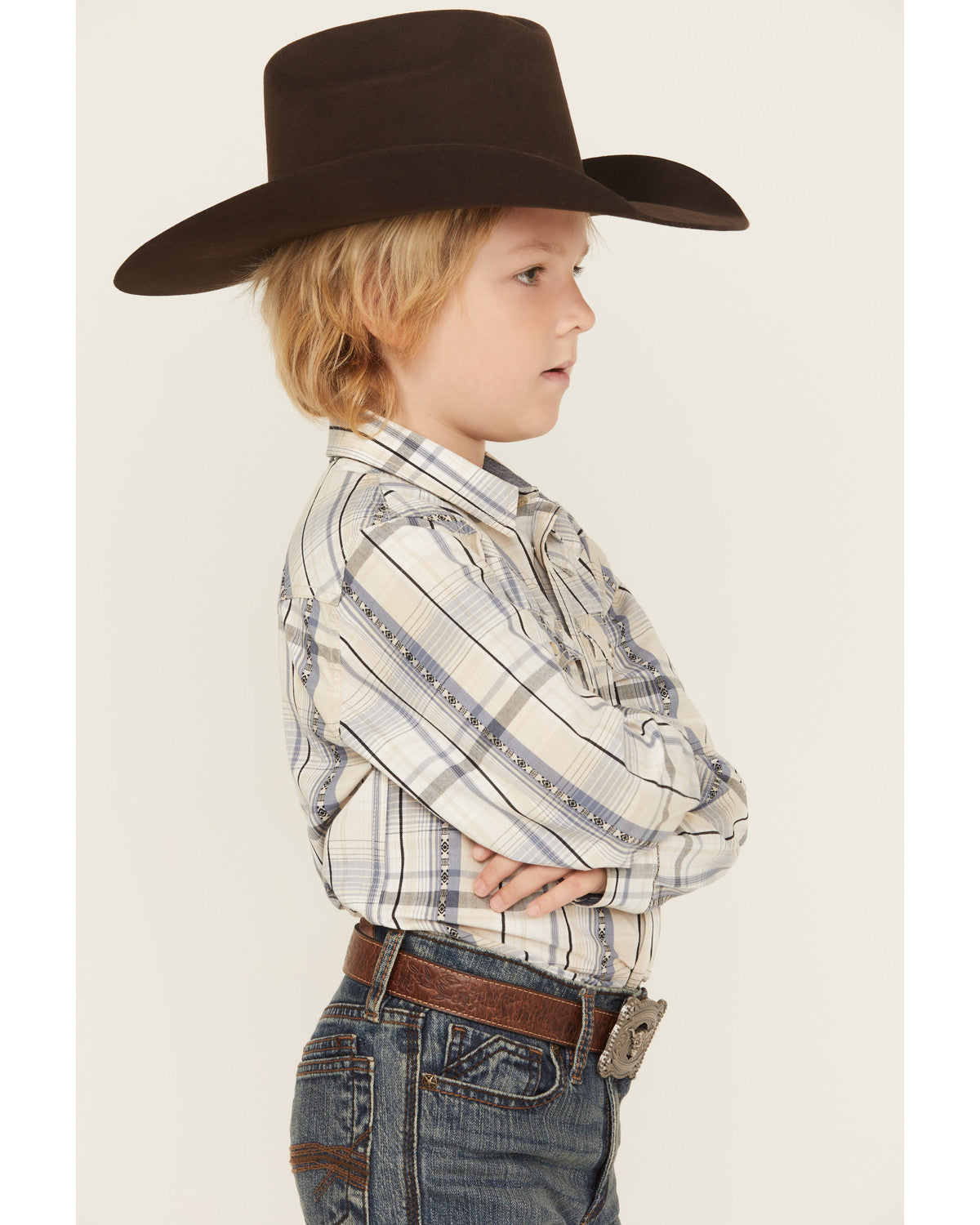 Boys' Wind Plaid Print Long Sleeve Snap Western Shirt