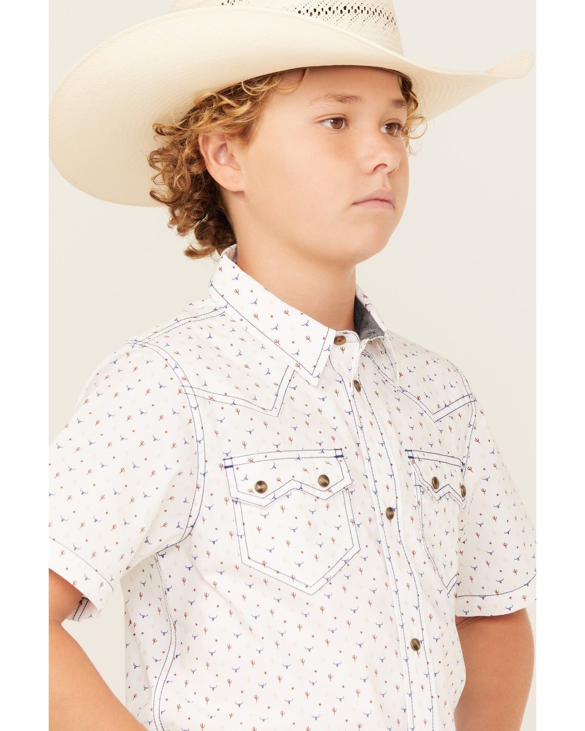 Boys' Bull Cactus Print Short Sleeve Snap Western Shirt