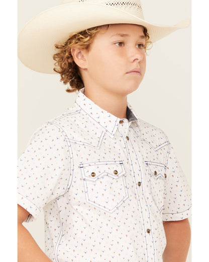 Boys' Bull Cactus Print Short Sleeve Snap Western Shirt