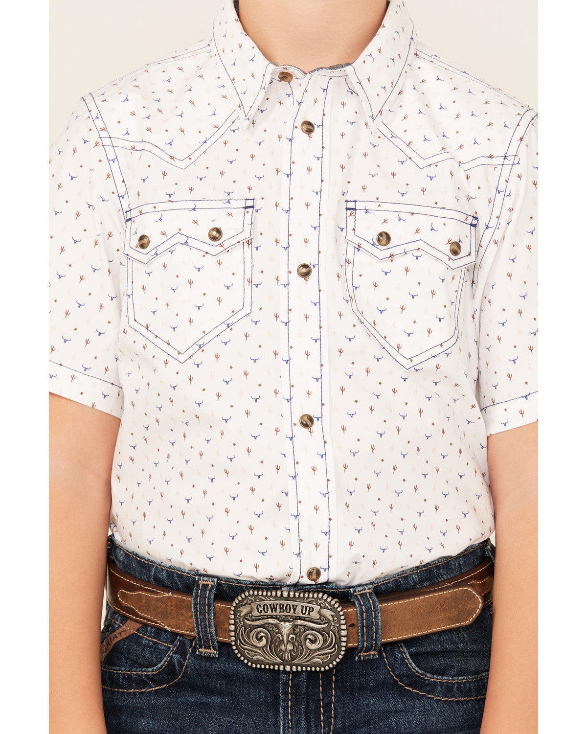 Boys' Bull Cactus Print Short Sleeve Snap Western Shirt