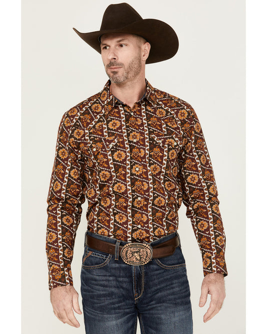 Men's Row Boat Southwestern Print Long Sleeve Snap Western