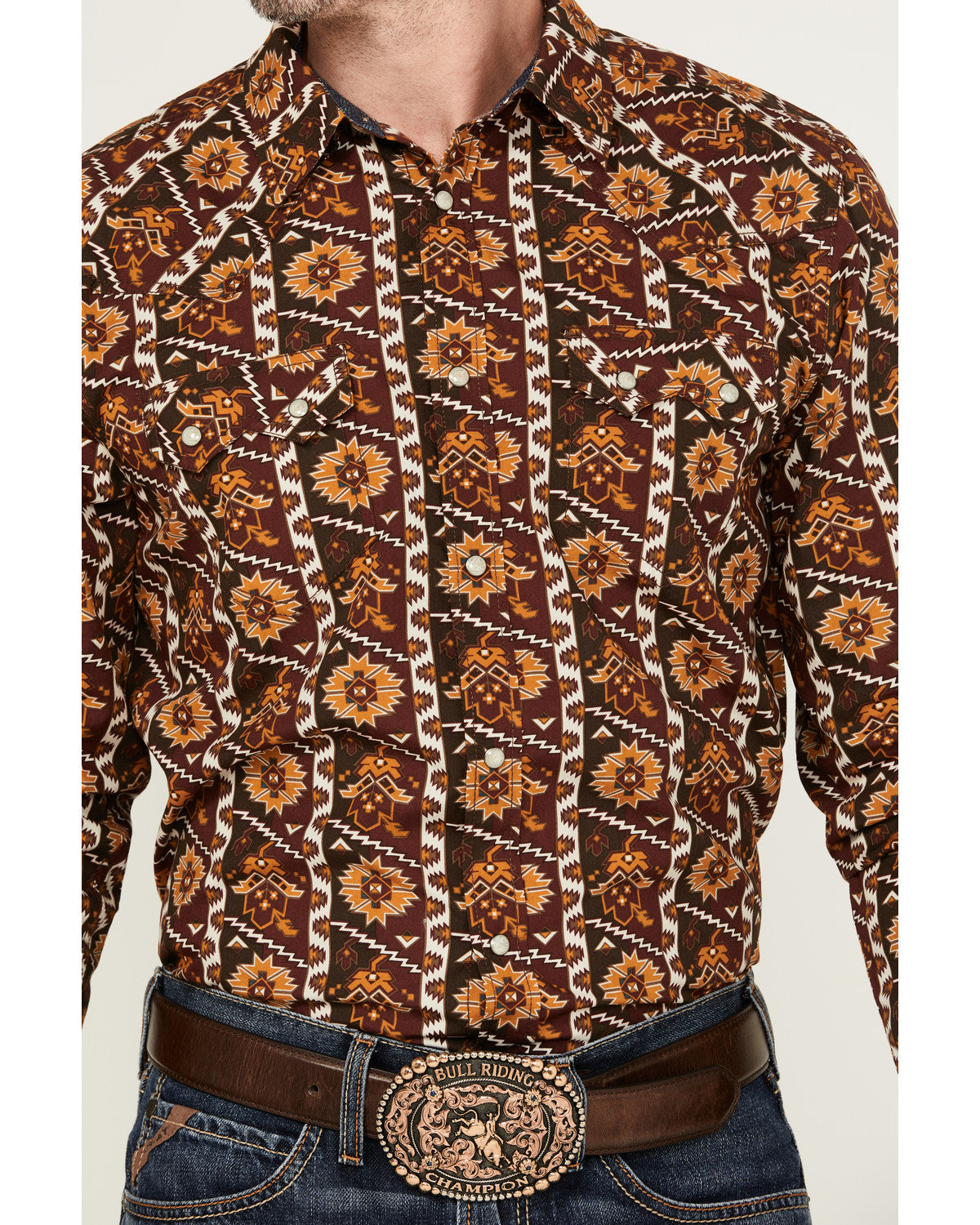 Men's Row Boat Southwestern Print Long Sleeve Snap Western