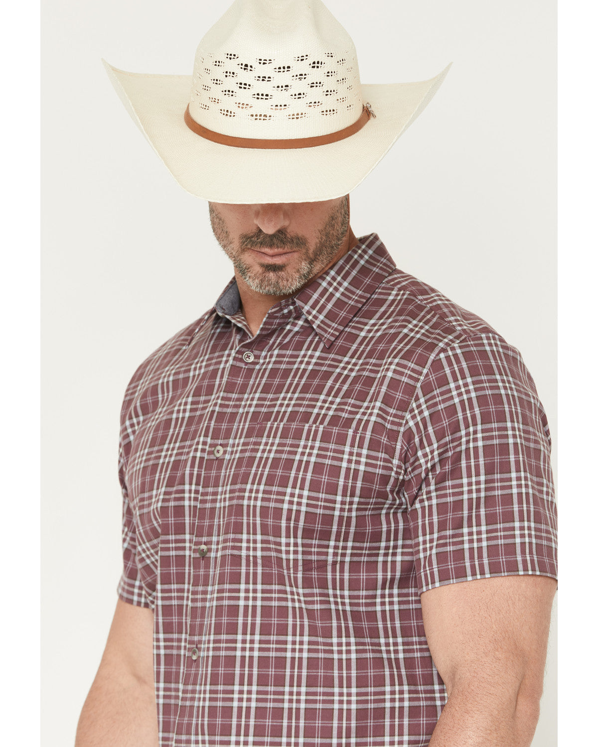 Men's Cowboy Brew Plaid Print Short Sleeve Button-Down Stre
