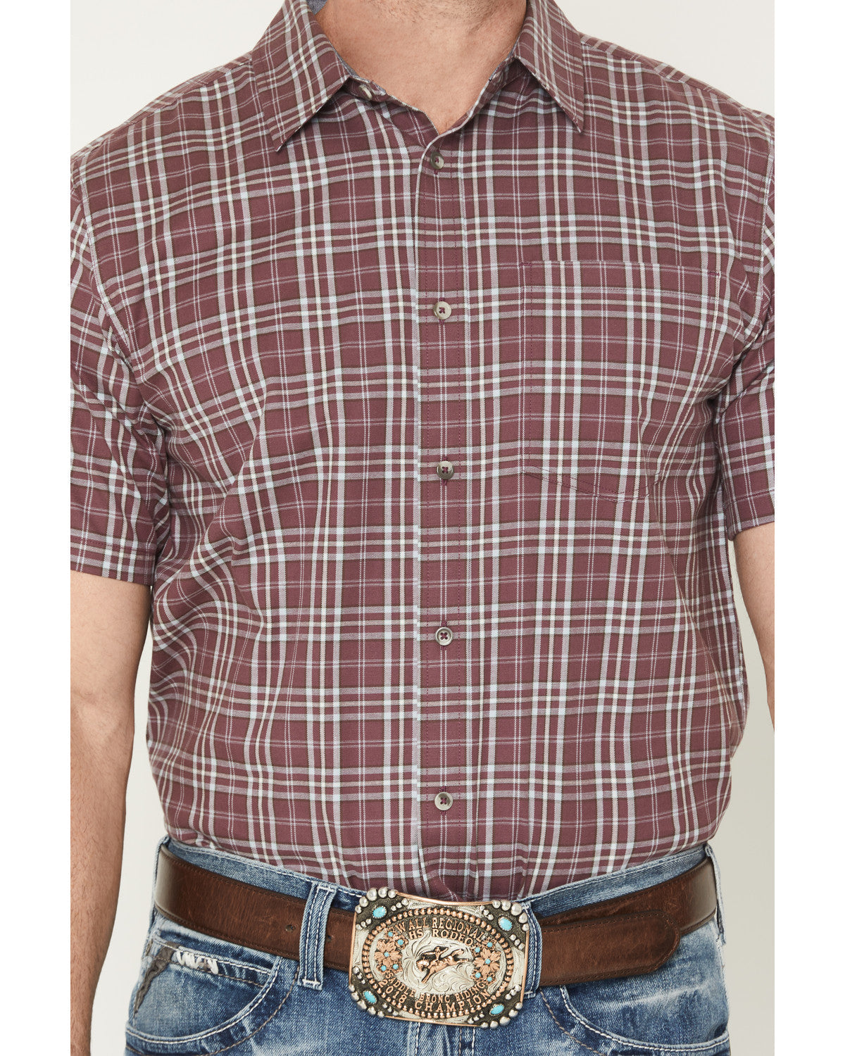 Men's Cowboy Brew Plaid Print Short Sleeve Button-Down Stre