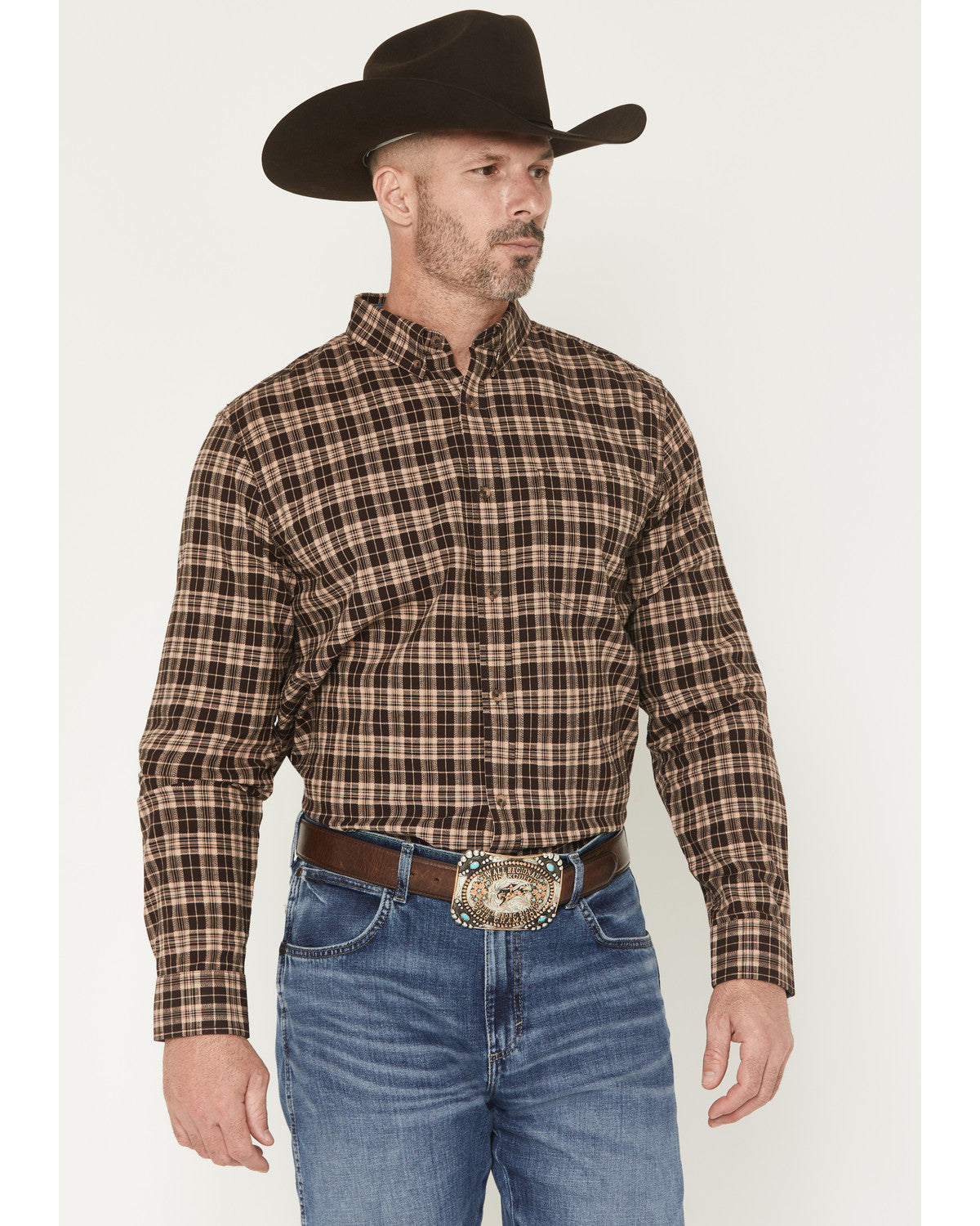 Men's Whiskey Ranch Plaid Print Long Sleeve Button-Down Str