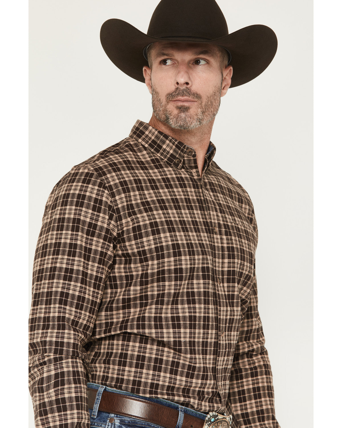 Men's Whiskey Ranch Plaid Print Long Sleeve Button-Down Str