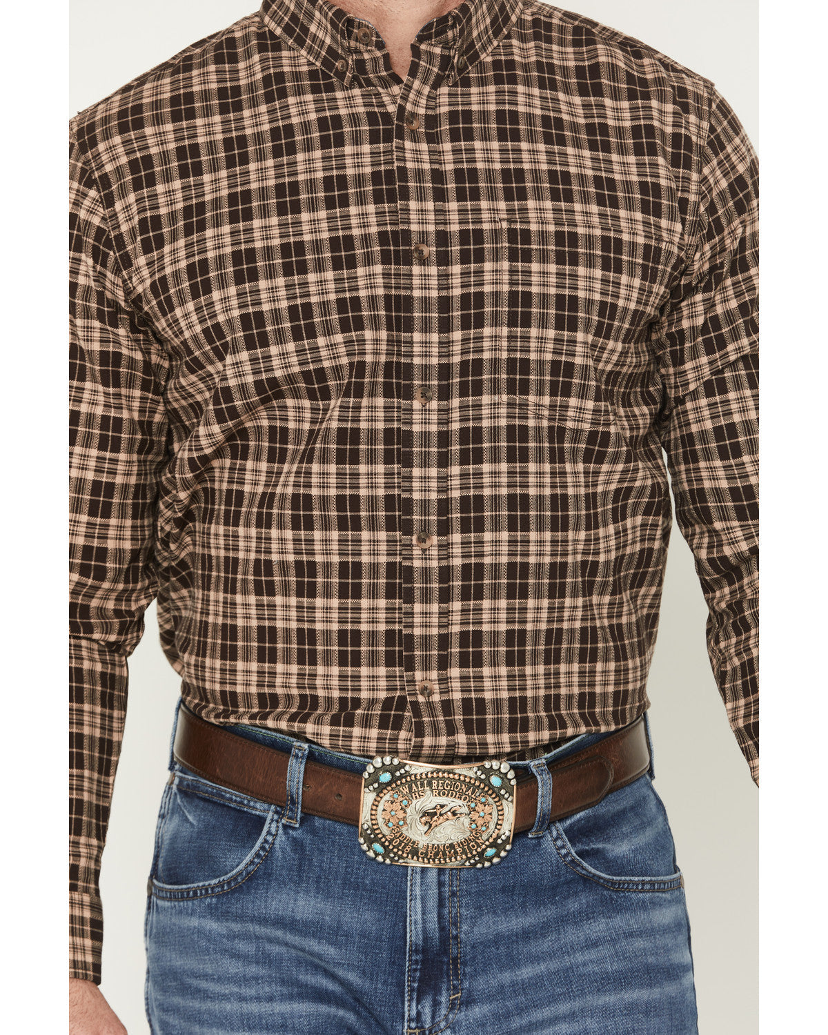 Men's Whiskey Ranch Plaid Print Long Sleeve Button-Down Str
