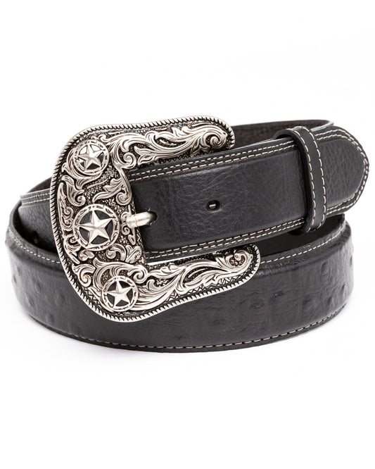 Men's Ostrich Print Embroidered Western Buckle Belt