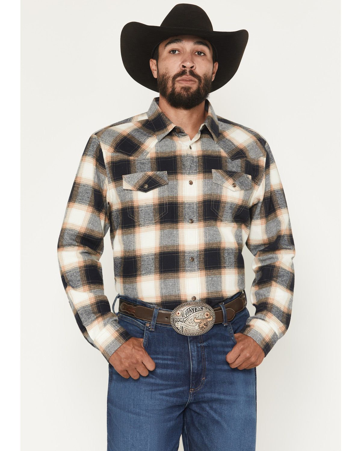 Men's Bull Rider Plaid Print Long Sleeve Snap Flannel Shirt