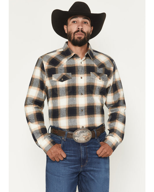 Men's Bull Rider Plaid Print Long Sleeve Snap Flannel Shirt