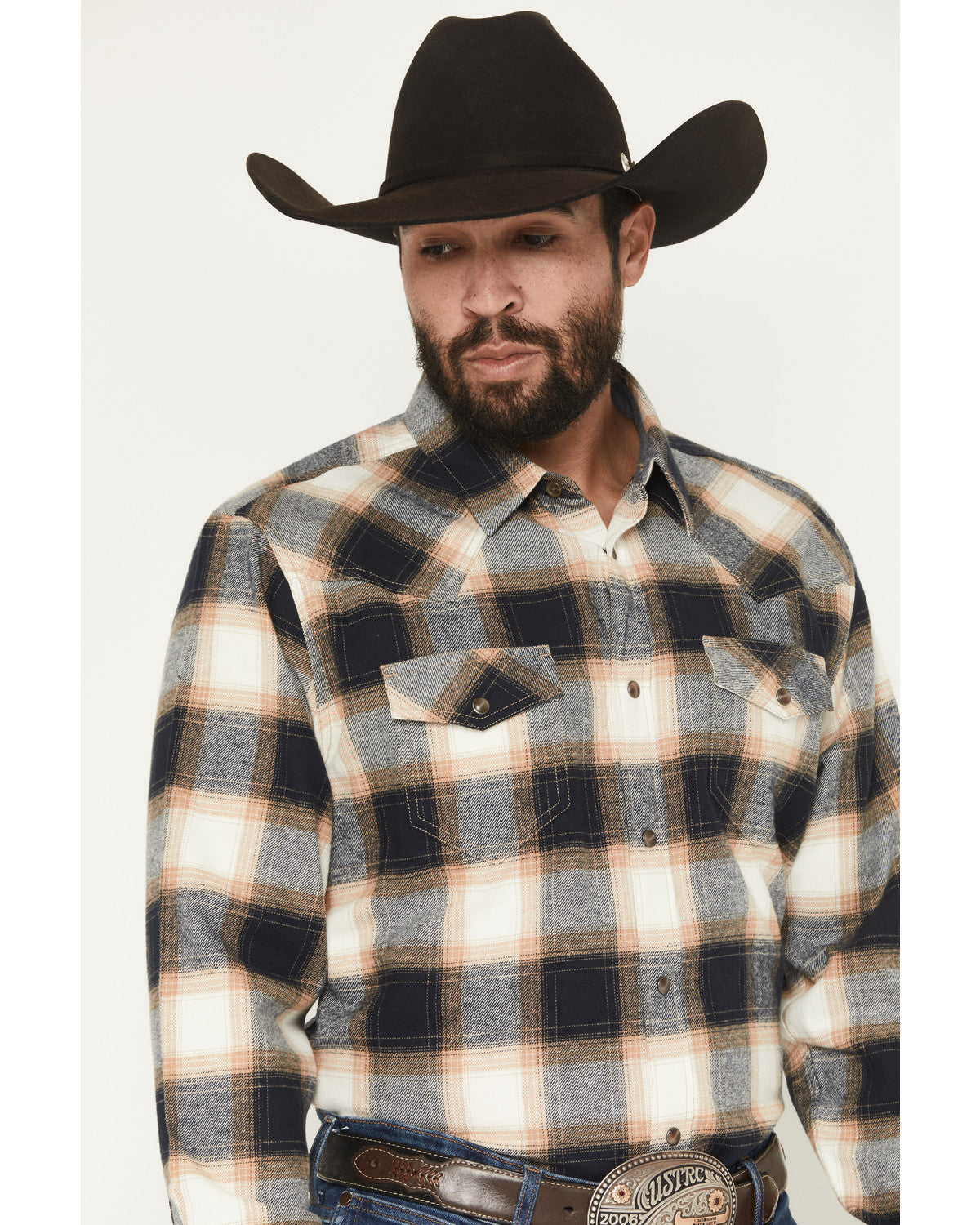 Men's Bull Rider Plaid Print Long Sleeve Snap Flannel Shirt