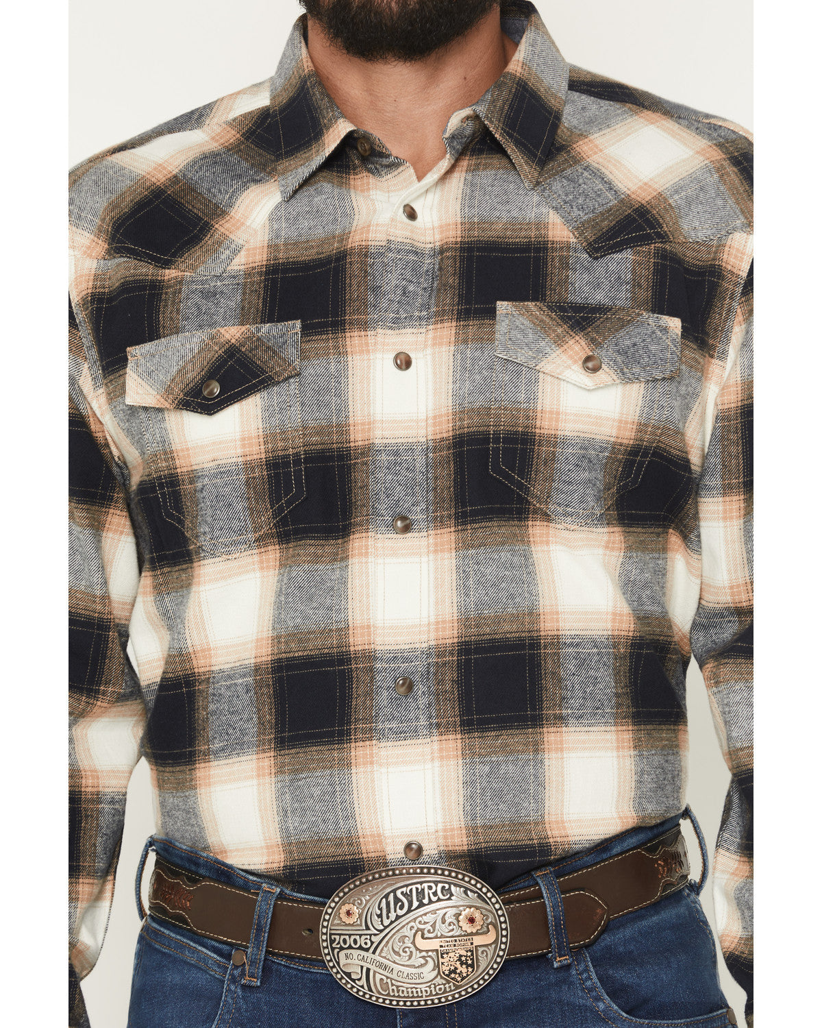 Men's Bull Rider Plaid Print Long Sleeve Snap Flannel Shirt