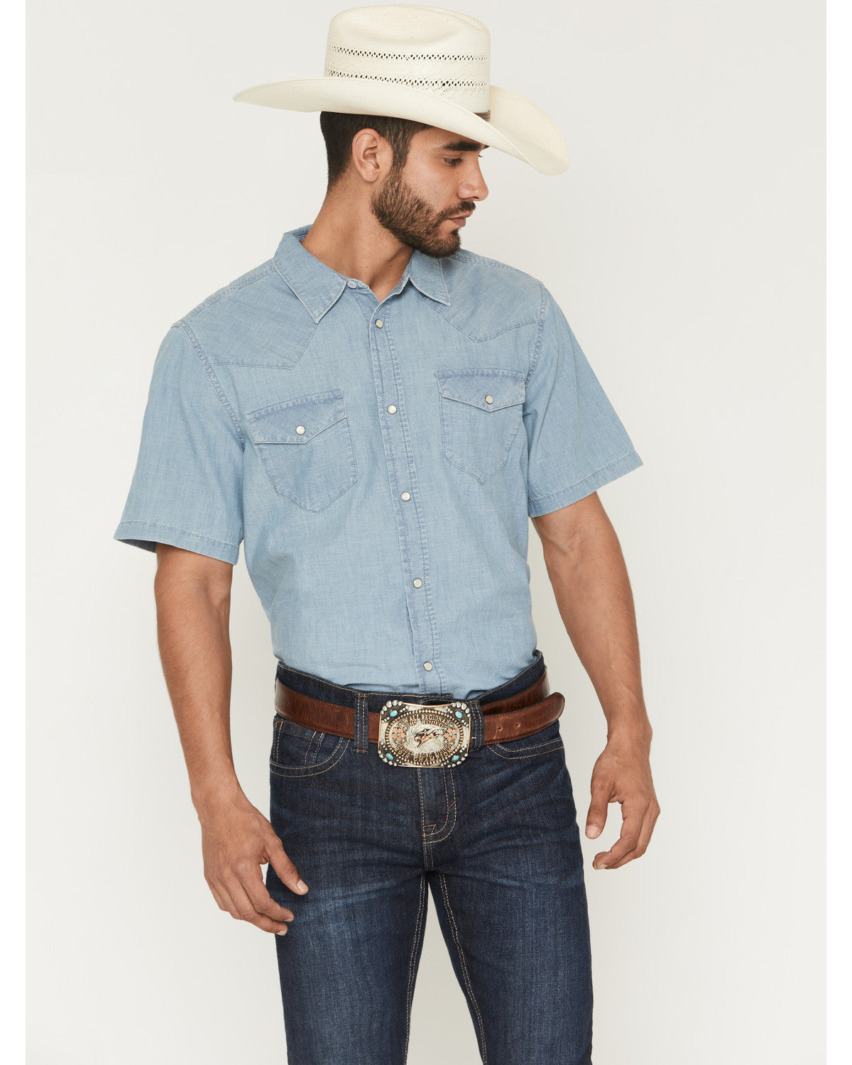 Men's Horizon Chambray Light Wash Short Sleeve Snap Western