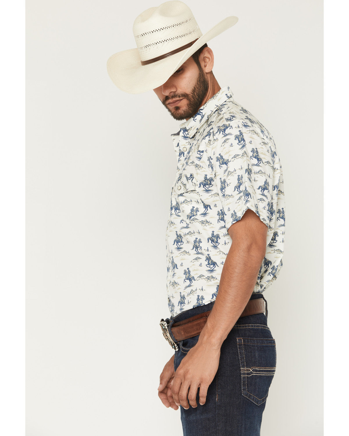 Men's Amos BBQ Western Print Short Sleeve Snap Western Shir