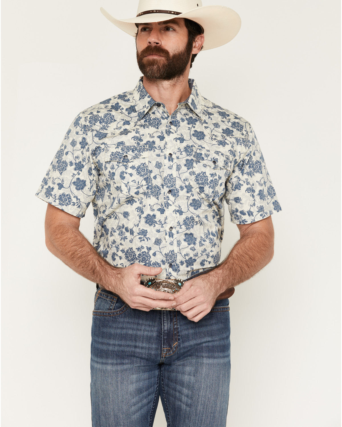 Men's Botanical Floral Print Short Sleeve Snap Western Shir
