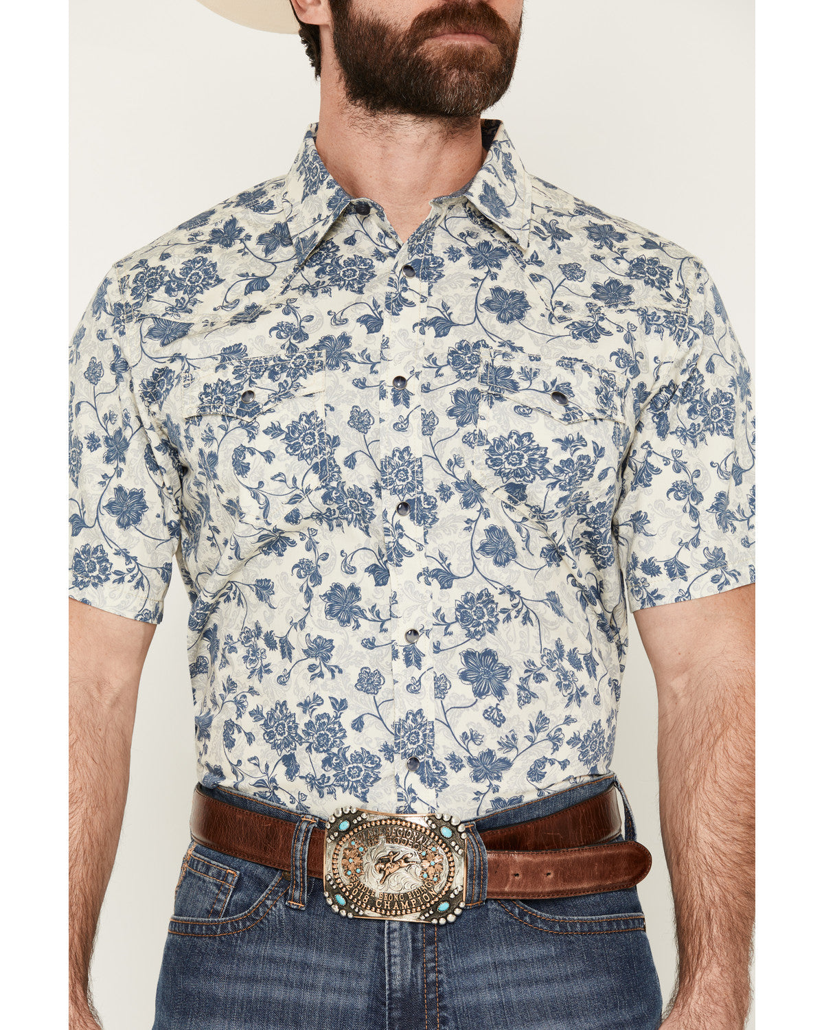 Men's Botanical Floral Print Short Sleeve Snap Western Shir